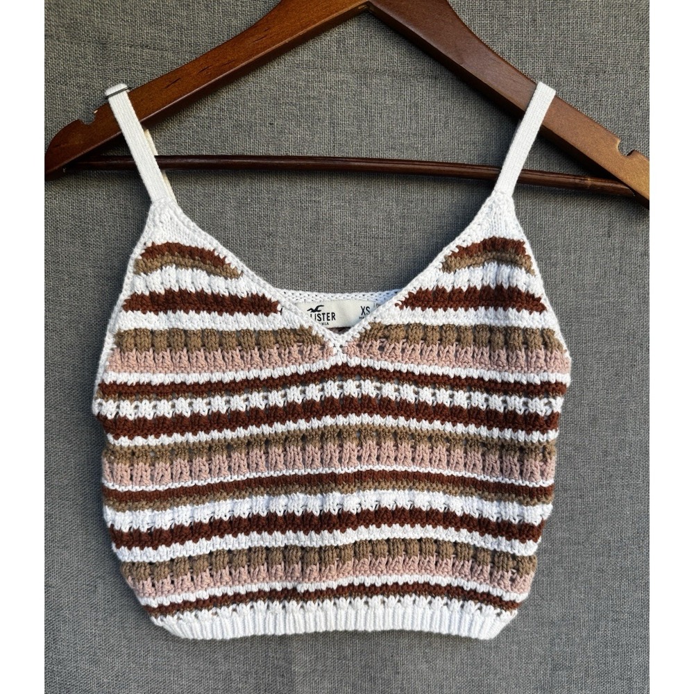 HOLLISTER XS White Burgundy Stripe Crochet Knit Crop Top‎ Tank